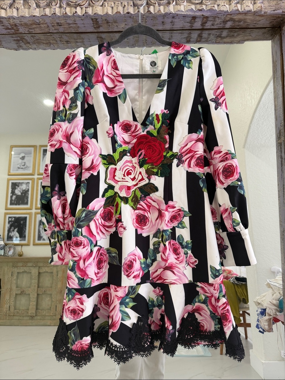 Floral Stripe Mini Dress with Lace Trim - Pink/Black